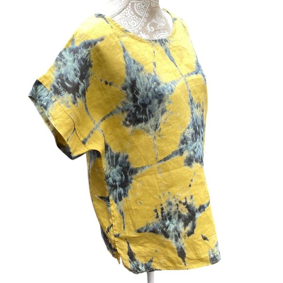 Bellambia Italy Linen Boxy Top Size L Blouse Cap Sleeve Yellow Blue Tie Dye - Picture 2 of 10